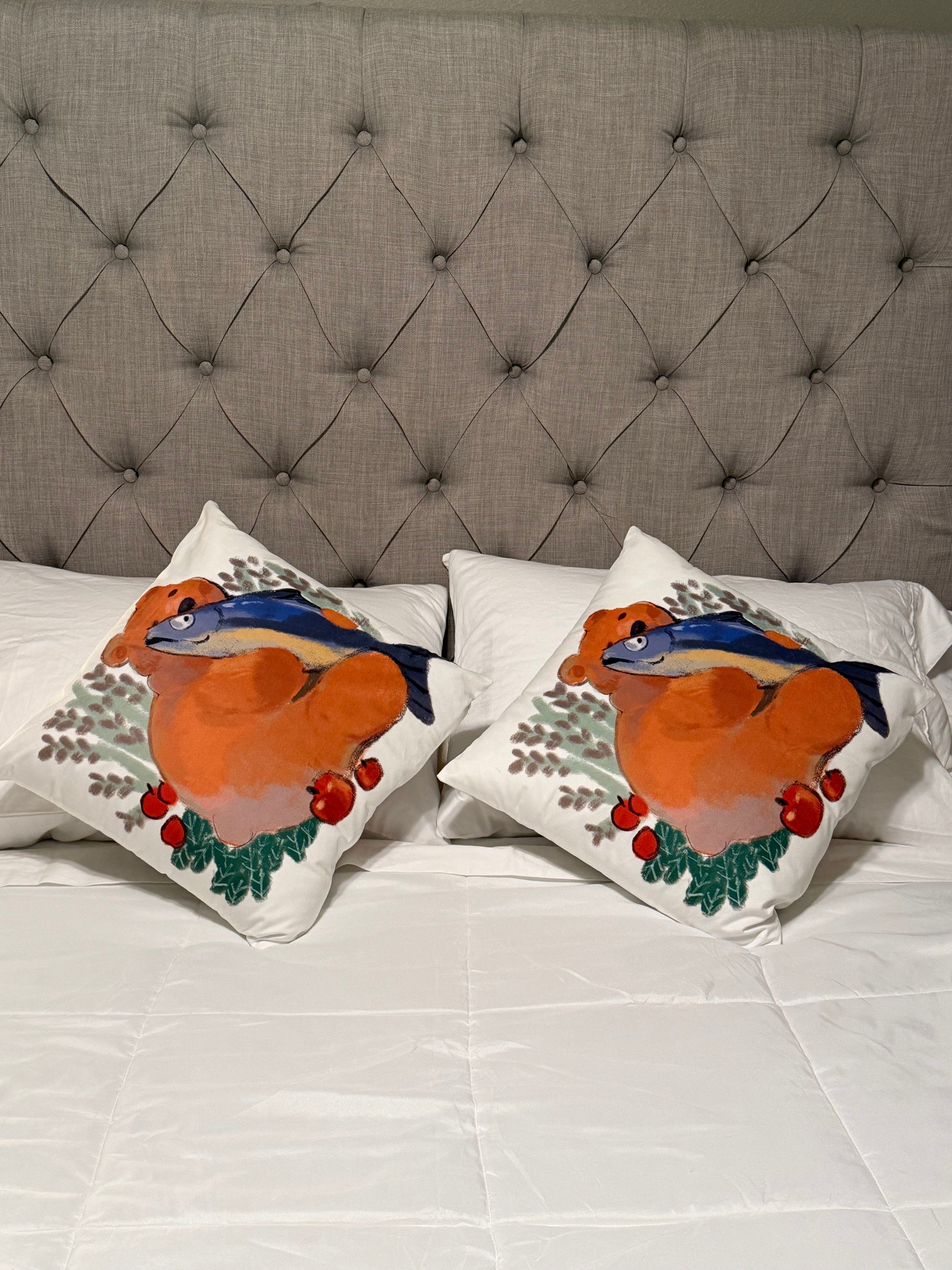 Little Bear & Fish Pillow Cover